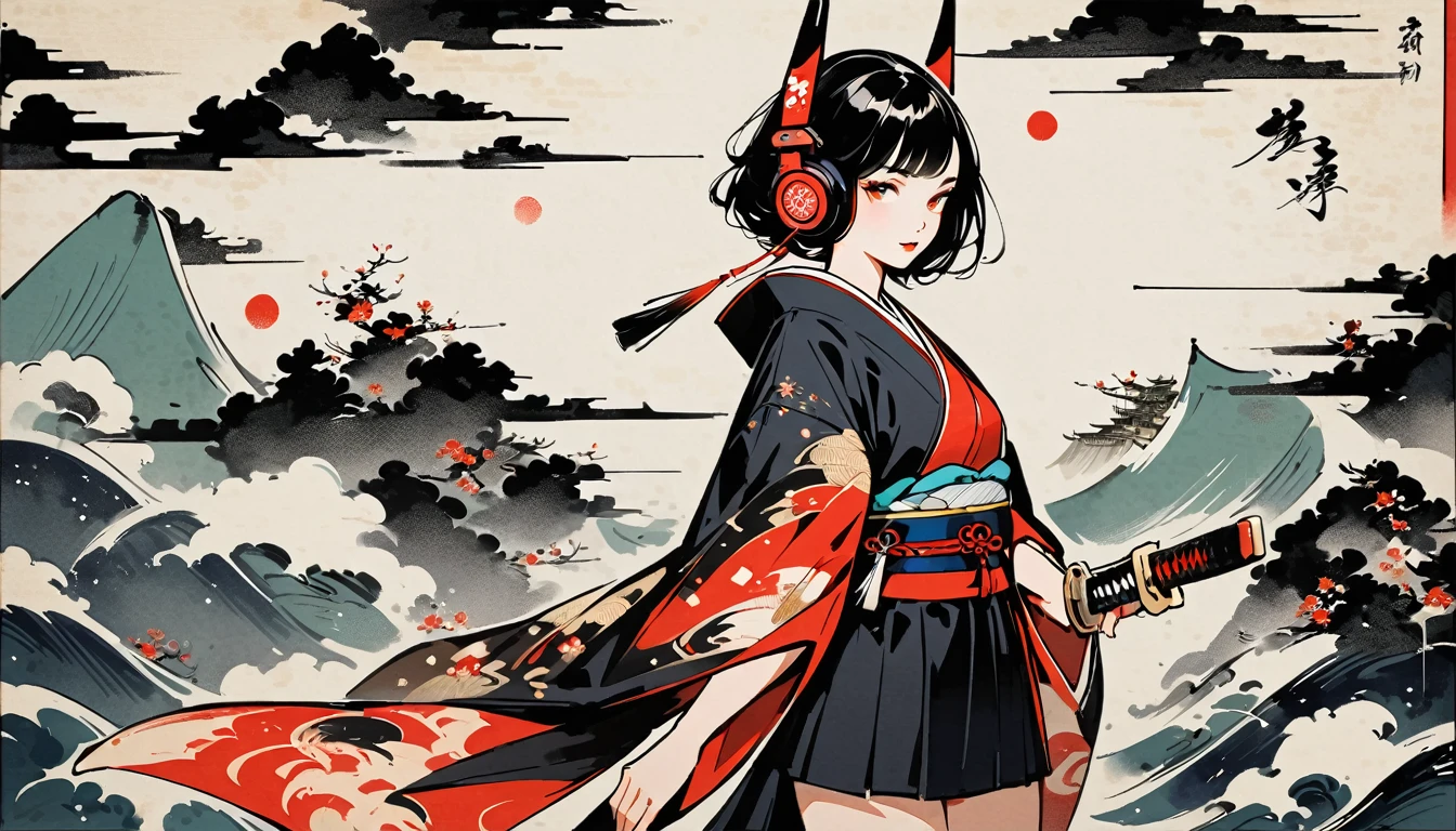 Ink Painting, (((独奏))), (((from front, cowboy shot))), (((Japanese sword))), (((Flashy kimono))), Japanese style headphones, beautiful girl, Black Hair, Delicate and precise, Modern ukiyo-e style, vivid color