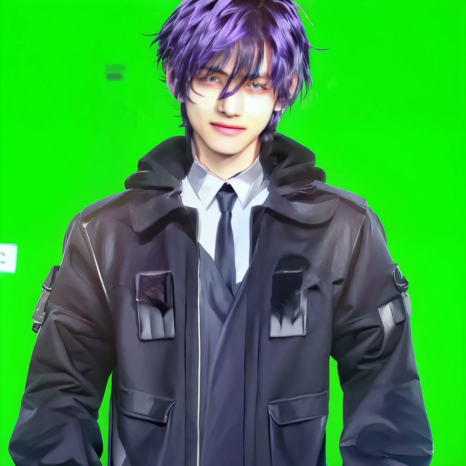 A handsome boy, barista with purple hair and purple eyes