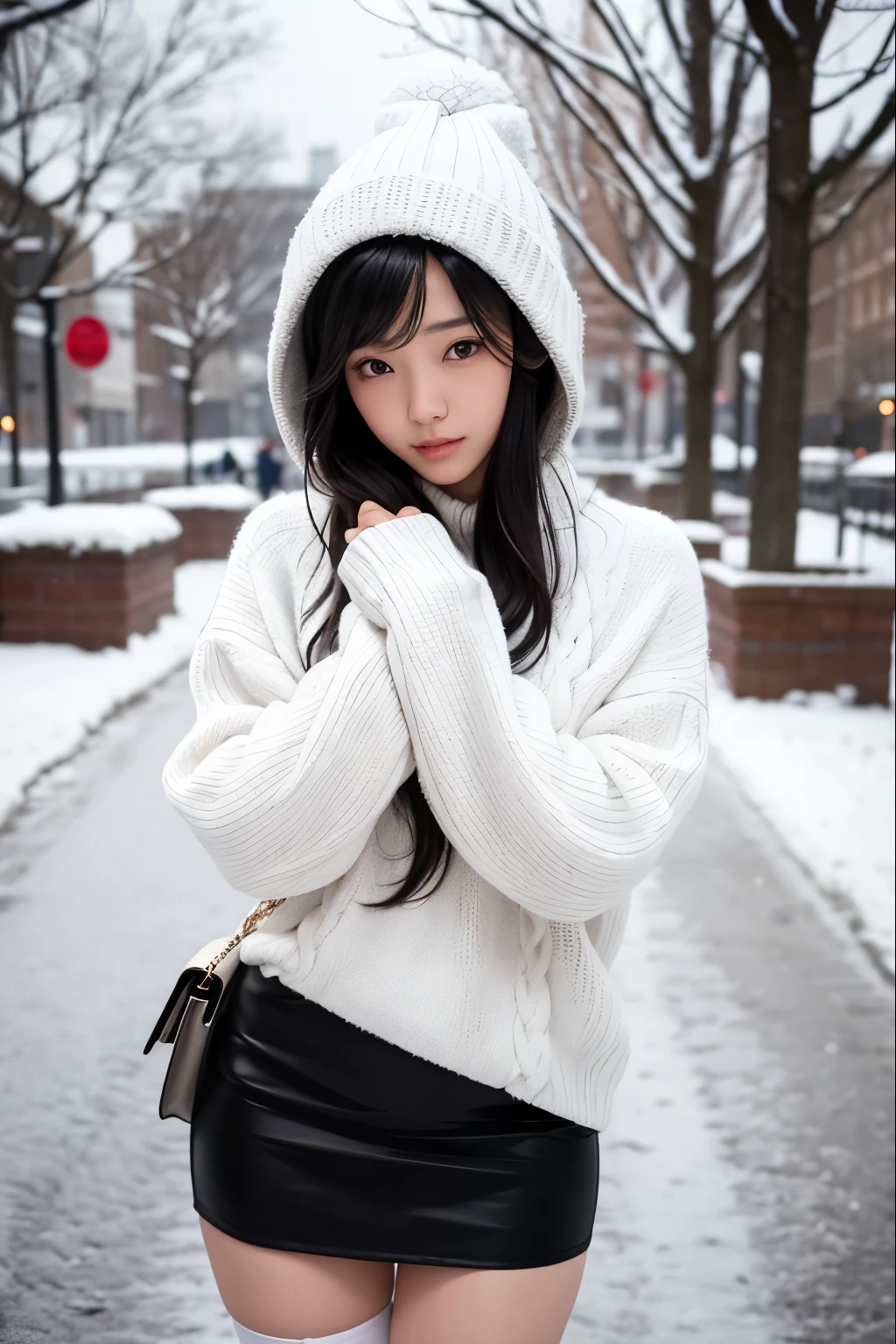 One who is not very beautiful.But she looks pretty cute.Height is about 165cm.Has shoulder-length black hair.Wearing a white pullover sweater.Wearing thick stockings and short skirt on the lower body.Standing in the snow in Park Square.But I feel a little afraid of the cold in the cold wind.So she put her hands together in front of her nose and breathed to keep warm..