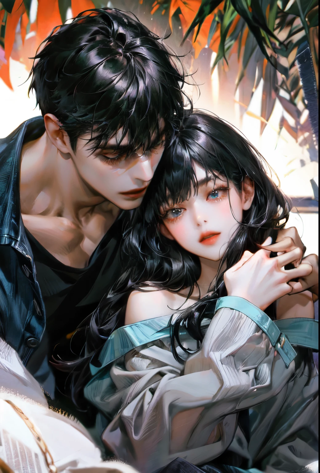 A pair of black-haired couple leaning together
