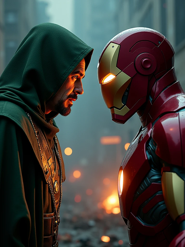 Realistic movie poster，Close-up of Doctor Doom and Iron Man fighting，Doctor Doom&#39;s face is Robert Downey&#39;s face， The bottom of the poster reads"Doom Vs Iron"