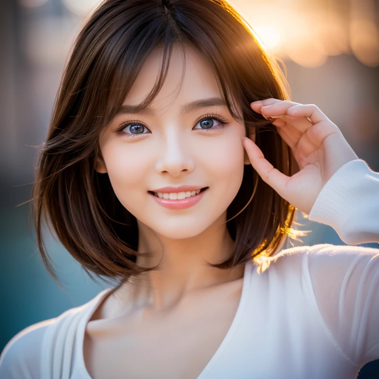 8k,Brown short hair,Japanese actress,Super Beauty(Like the real thing),Long sleeve dress,Wine Party、wine glass、full-course dinner,Big smile,Lakeside,Perfect Anatomy,charm,Volume measurement,Body balance,Digital single-lens reflex camera, Soft lighting, Detailed Background, Written boundary depth, Volumetric lighting, Sharp focus, Absurd, Realistic proportions, Excellent anatomy, (Realistic, 超Realistic:1.4), 16k hdr, dawn,High resolution,super Realistic 肌,super beautiful expression,Fantasy art,Character Art,Wind effects:1.9、Cloud Effect:1.2、Full Rendering、プロ品質のHigh resolution、Perfect contrast、Perfect lighting、Perfect composition、Perfect Skin、Perfect Fingers、Perfect breasts、Perfect Hair、Perfect Face、Realistic facial features,Highest quality,Slim figure,Perfect body line,Perfect hand shape,Anatomical Body Balance,Highly detailed face,Highly detailed eyes,Beautiful Lips,Excellent light particles,Cinema Lighting,compensate,超High resolution,Ultra-Realistic Skin,Dynamic pose,blue eyes,
