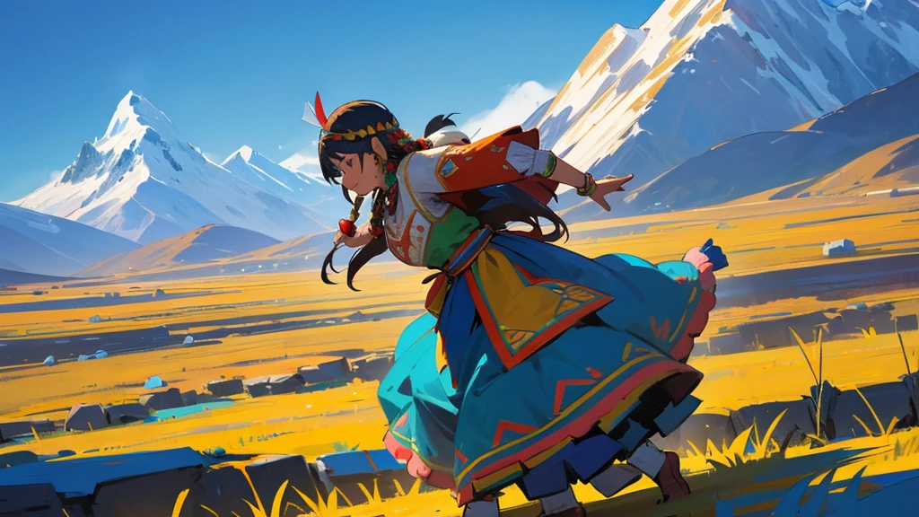 A colorful Andean folk scene featuring traditional dancers in vibrant, embroidered costumes. The background showcases the majestic Andes mountains with clear blue skies. Dancers wear intricate headpieces and perform lively traditional dances. The atmosphere is festive, with a focus on cultural heritage and community.