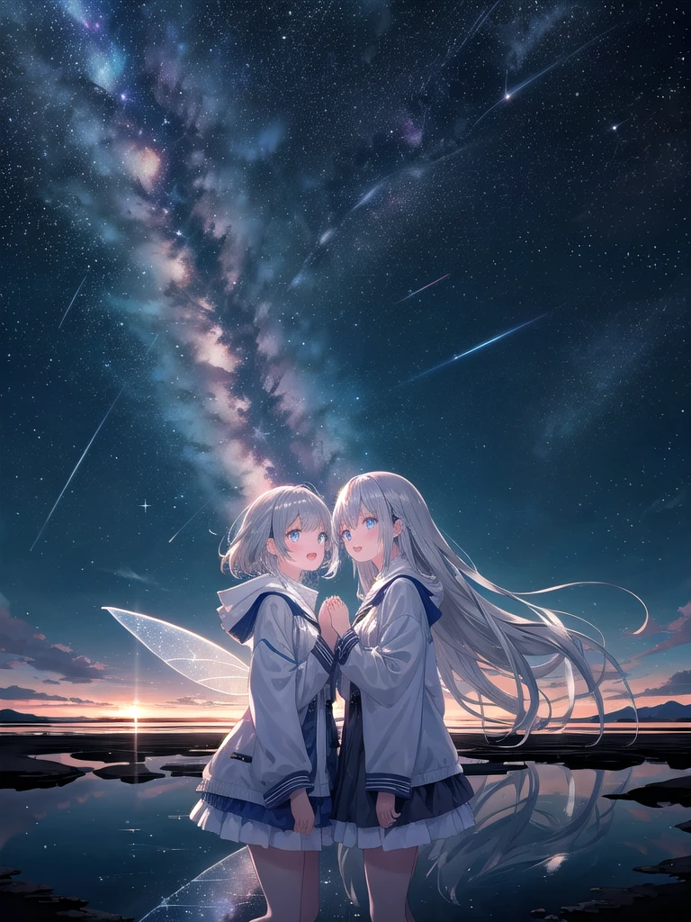 (8K, Highest Quality, Masterpiece:1.3)), Ultra High Resolution, (2 Girls, duo), (Color Changing Eyes, Highly Detailed, Expressive Glow, Sparkling Eyes), Highly Detailed Eyes, Highly Detailed Face, Random Hair, (Silver Grey Color), (Fairy Cosplay:1.1), (Ecstatic Expression:1.3), Front Angle, (Starry Sky:1.1), Vast view of the Uyuni Salt Flats in Bolivia. The mirror-like reflective water stretches out endlessly, and the stars shining in the starry sky are reflected on the lake surface. The lake surface sparkles depending on the light, creating a dreamlike scene.