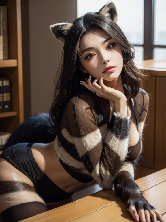 ((Highest quality, 32K)), ((masterpiece)), (Familiar), Perfect Face, Raccoon Woman, pretty girl, Company Office, Has one tail, She has a raccoon's tail., She stands up her fluffy tail, Dog collar, Beautiful hip line, Big Breasts, She wears underwear, A large tail sticks out, Climbing on all fours, Nice body