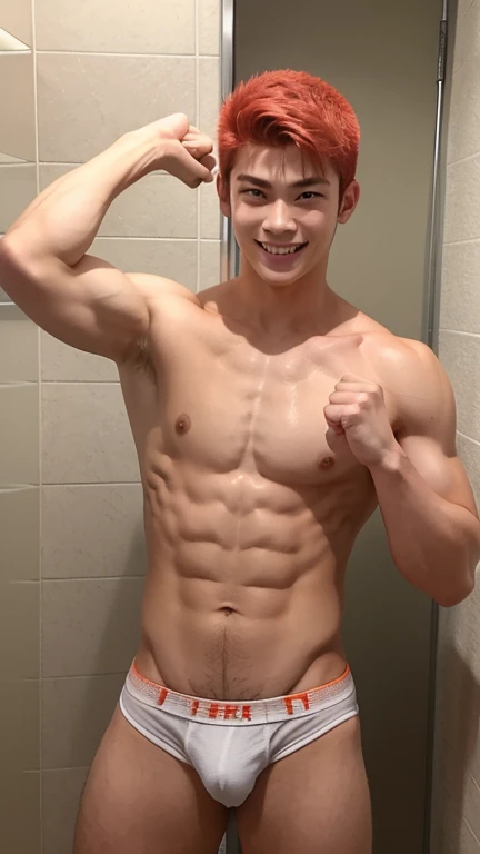 Japanese men、、Well-developed muscles and smooth skin、Shaved red hair、Relaxed and friendly smile、Light orange boxer briefs、The whole body is visible from toes to head、Fist pump in the bathroom、