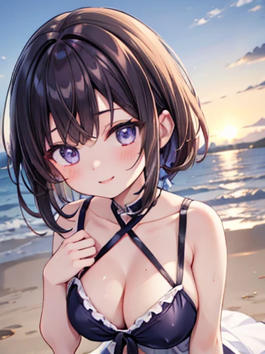 Location in Japan, anime one girl, Brown Hair, Eye color: blue above、The bottom is slightly purple, Cute Face, The body is slim, slightly disheveled hair, Smooth white skin like Mutya, The sun went down, At the Beach, Admire the beach views, Raise one hand, wearing a summer dress, Happy smile, masterpiece, 8k.,Large Breasts