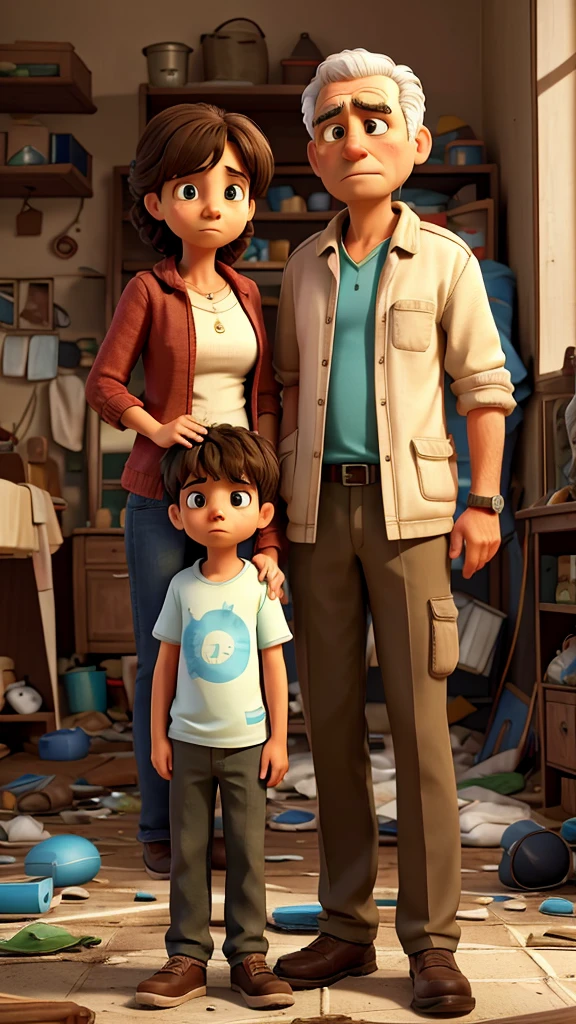 Image of a mother and father with sad and disappointed expressions, standing in front of the mess their son made