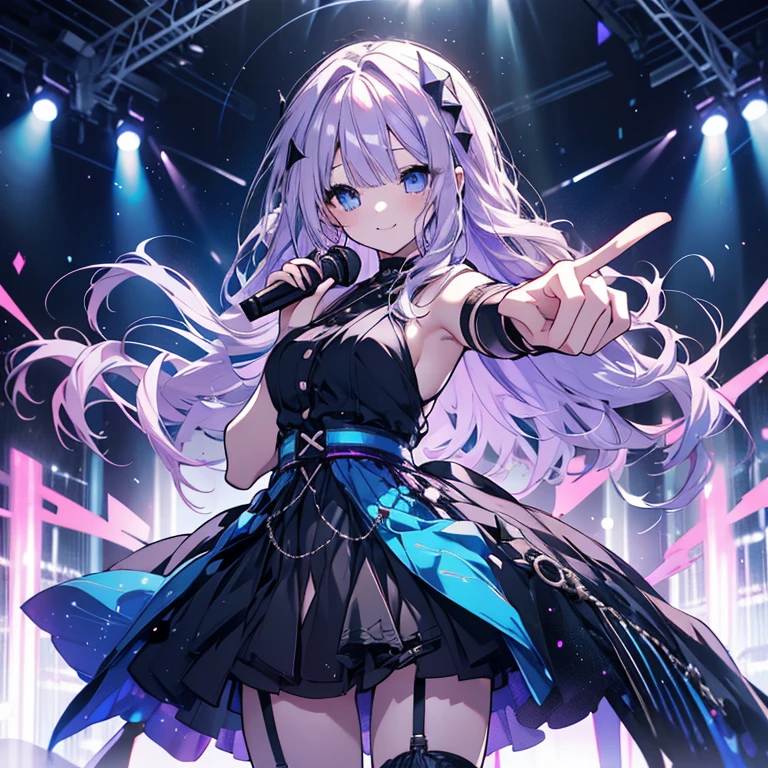 1 girl、Mature、Ample breasts、Long Hair、Blue Eyes、Light purple hair、Beautiful smile、Wavy Hair、Black Dress、Shoulder Bare、Belly button、Diva、Miniskirt、garter、Hold the microphone、Pointing with one hand、sing、Live Stage、Spotlight、Starry Sky、Galaxy、prism、Penlight、High resolution、Highest quality
