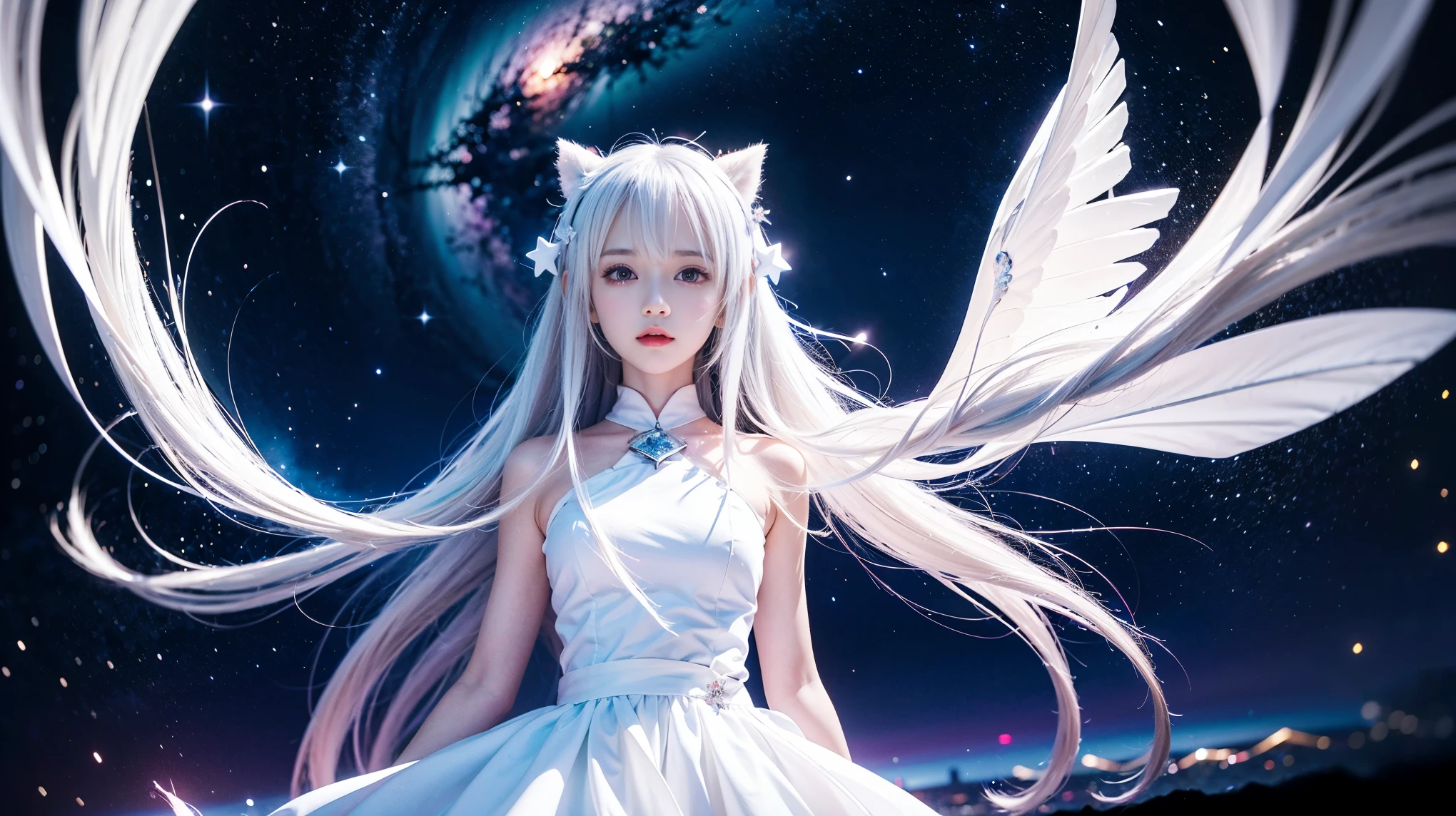 anime girl with long white hair and a star in her hair, White-haired God, Anime girl with space-like hair, star(null) starry_null, Cute girl anime visuals, Splash Art Anime , White glowing aura, White Haired Girl, Ethereal Anime, akasuki voidstar, Celestial Aura, Nightcore, Anime Moe Art Style