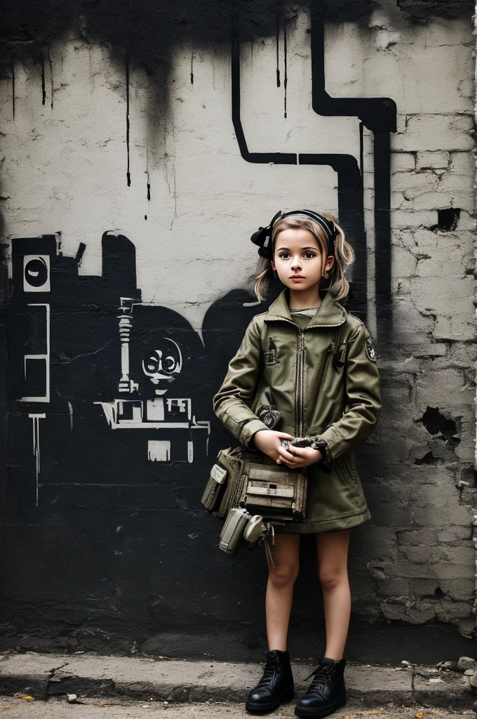 Banksy-style image,Girl holding an atomic bomb,monochrome,A touch that looks like it was painted with a spray can,