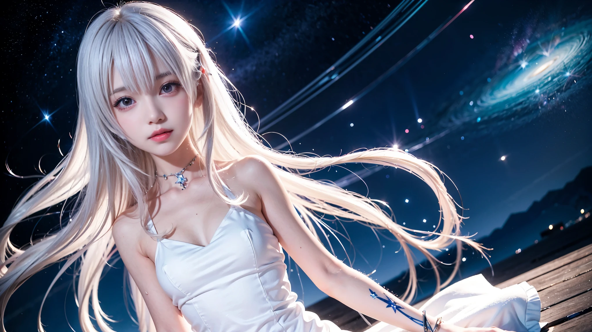 anime girl with long white hair and a star in her hair, White-haired God, Anime girl with space-like hair, star(null) starry_null, Cute girl anime visuals, Splash Art Anime Loli, White glowing aura, White Haired Girl, Ethereal Anime, akasuki voidstar, Celestial Aura, Nightcore, Anime Moe Art Style