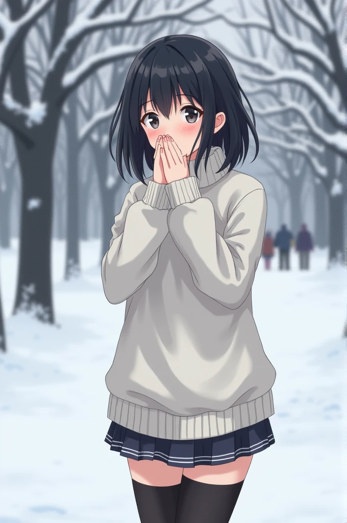 One who is not very beautiful.But she looks pretty cute.Height is about 165cm.Has shoulder-length black hair.Wearing a white pullover sweater.Wearing thick stockings and short skirt on the lower body.Standing in the snow in Park Square.But I feel a little afraid of the cold in the cold wind.So she put her hands together in front of her nose and breathed to keep warm..