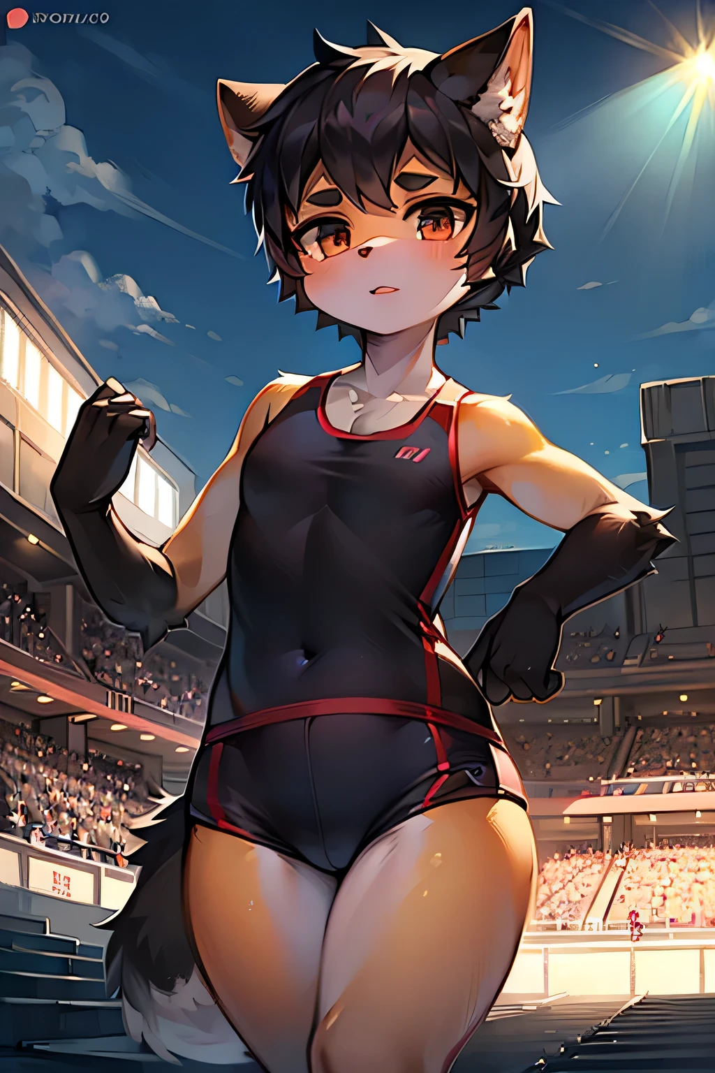 dog,Singlets,runner,cute,girl,Olympic,running,Finish,masterpiece,best quality,super fine illustration,super detailed,Black Hair,short hair,Thick eyebrows