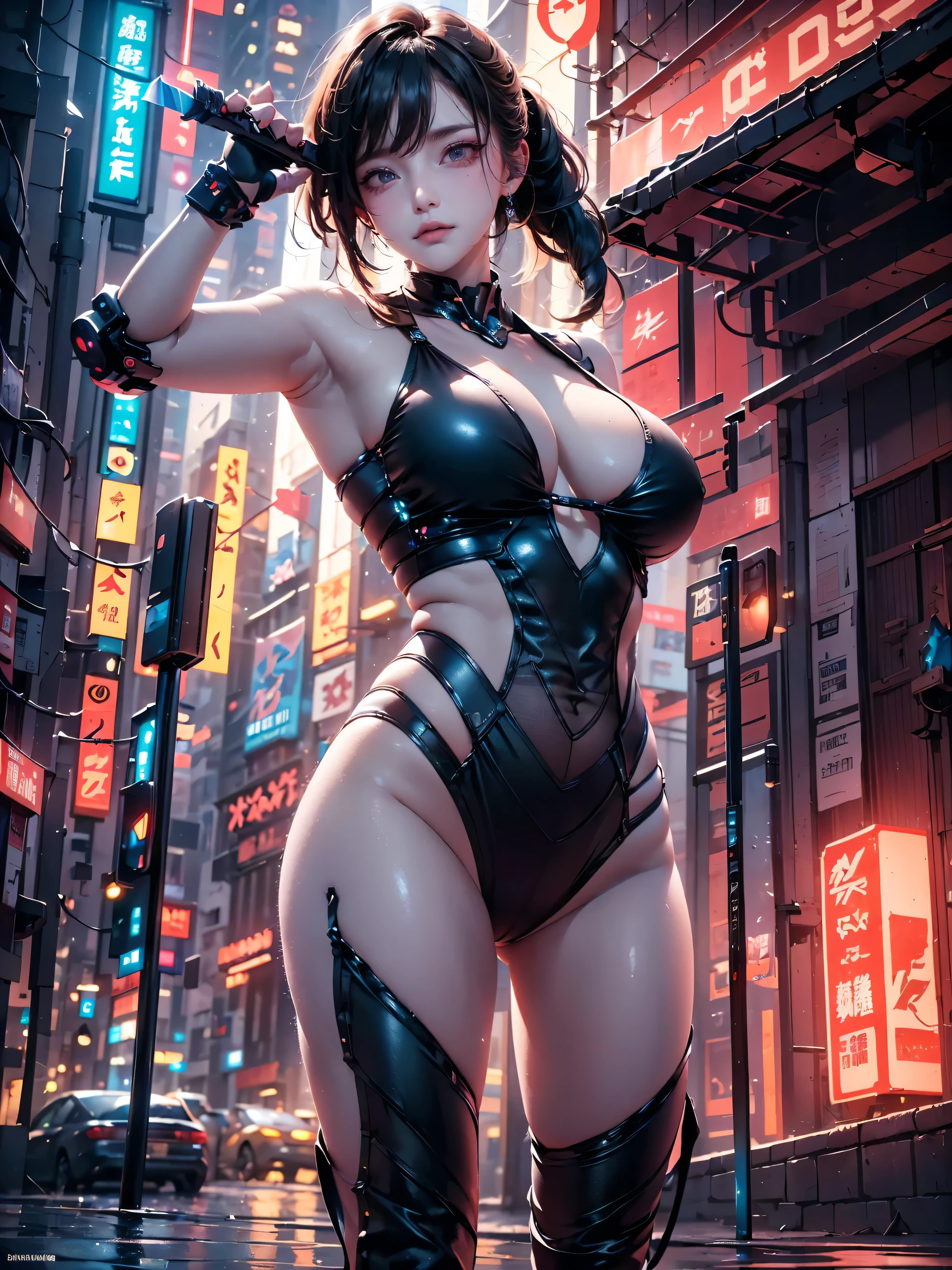 ((16K)),((masterpiece:1.3)), ((Highest quality)), ((Ultra-high resolution)), (Very detailed), (Realistic, photoRealistic:1.4), Perfect lighting,((Side light)), Written boundary depth, Surrealism,photo shoot, (( large breasts :1.5)),No makeup, Film Grain, chromatic aberration, Sharp focus, Face Light,((Beautiful detailsまでこだわった髪)),((Beautiful eyelashes)), Beautifully detailed face, Beautiful details, Beautiful clavicle, Beautiful body,((Beautiful and round eyes)), ((Thin legs)),((Beautiful breasts)), Pointed Chest,Beautiful legs, ((Detailed and carefully drawn hand)), Cleavage, Perfect Anatomy, Supermodel with a long neck,((Skinny1.3)),23 years old,Looking into the camera,(Perfect Anatomy,Anatomically correct, Very detailed肌), Glowing Skin,((beautiful girl:1.1)),((Beautiful ponytail)),((Mid-length hair:1.4, Wavy Hair:1.2, Black Hair)),((See-through bangs:1.2)),Dainty facial structure,((Grim expression:1.4)),((fighting pose:1.6)),((establishing shot)), ((Pointing the sword at the viewer:1.6)),((sword:1.4)),((A robotic heroine at the forefront of cyberpunk:1.3)),((Caught in the chaos of war:1.4)),((Neon-lit battlefield:1.4)),((Plasma Bullet:1.4)),((Combat Cyberpunk Enemies:1.3)),(Glass cover reflects flickering light),((wide angle:1.7)),A fierce battle scene set in a cyberpunk Tokyo. Skyscrapers line the background, with neon lights and holographic advertisements illuminating the scene. Characters are engaged in combat with futuristic weapons. Rain is pouring down, reflecting neon lights off the wet streets. The protagonist is a cybernetically enhanced warrior, fighting against a similarly advanced rebel fighter. The battle is intense, with energy weapons and swords clashing, and explosions occurring. The atmosphere is dark and colorful,((from below:1.4)),