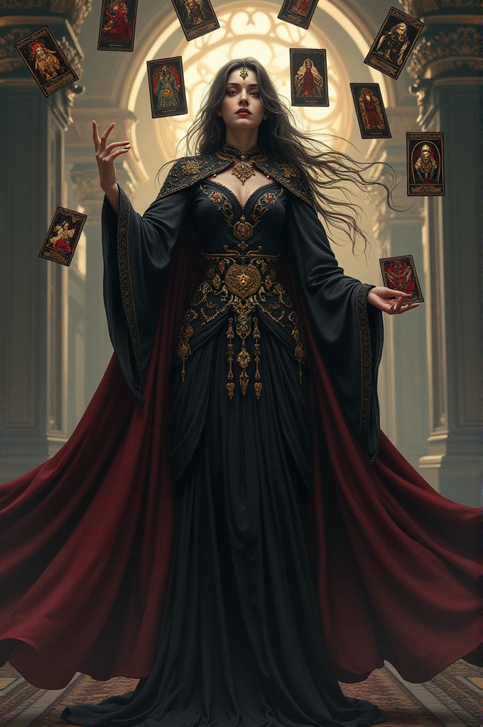 Onmyoji，Beautiful Tarot card reader in a cape，Card Deployment，Tarot cards levitation，Finger taps an array of tarot 卡片s in the air，Mystical symbols and elements，Ancient mysterious atmosphere，Realistic illustrations，Meticulous attention to detail，A composition full of vitality and energy，Dark Style，Gothic style