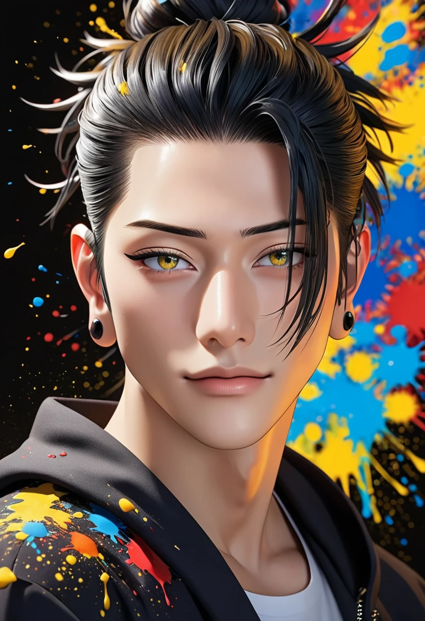 masterpiece, Highest quality, (Very detailed CG ユニティ 8k 壁紙, masterpiece, Highest quality, Very detailed, Best Shadow), (Detailed Background), (Beautifully detailed face, Beautiful attention to detail), High Contrast, (Best lighting, Very delicate and beautiful),One girl,((Colorful paint splatters on a transparent background, Dulux,)), ((caustic)), Dynamic Angle,Beautiful sparkle,whole body, Paint splatters on the face. , Realistic Anime 3D Style, Enchanting anime boy, Anime realism style, Attractive anime boy,Beautiful and attractive anime men, looking Satoru Gojo , ((Satoru Gojo)) Satoru Gojo of Jujutsu Kaisen, whole bodyカメラを見つめる.