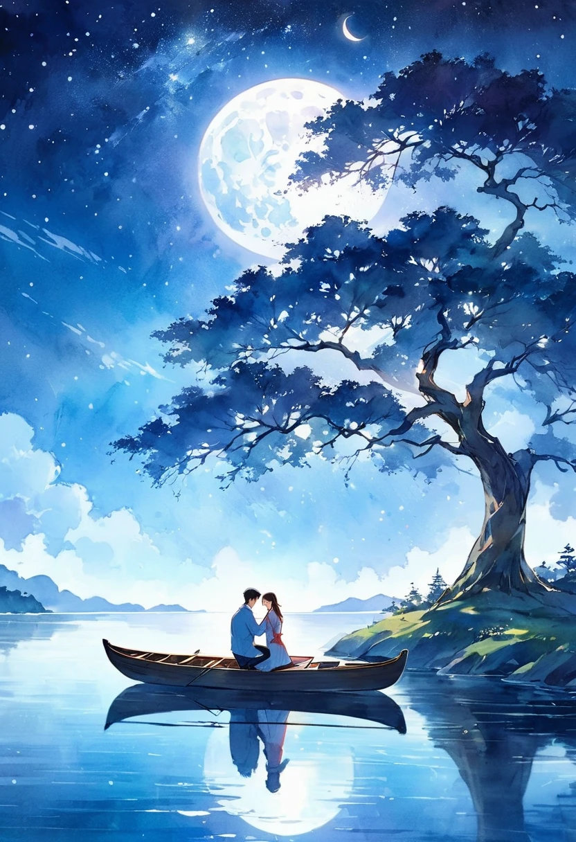 (best quality, high resolution, watercolor, Create a peaceful night scene,, An island of tranquility, Reflecting Lake. There should be a leafy tree on the island, Position slightly off center. The branches should be slightly bent, Some leaves gently fall, adding to the serene ambiance.under the tree, depict a Romantic moment between a couple. Men should kneel down, Take out a ring or small object, Like a marriage proposal. Women should stand before him, Lean forward slightly, May accept the offer. Their figures should be outlines, Contrast with bright background.The night sky should be clear,Full of twinkling stars. Large scale, A bright full moon will dominate the scene, positioned behind Couple and the tree, Casting Soft, A blue light hangs over everything. Moonlight should create long-lasting, Soft reflections of trees, Couple, And islands on the water.Right side of the island, Includes a small wooden rowing boat, Floating on calm waters. The boat should also have an outline, There is a slight reflection on the water.The overall color tone should be mainly dark blue and black, The moon brings soft, The ethereal light that illuminates the entire scene. The atmosphere should be calm, Romantic, A bit mysterious, Focus on the stillness and intimacy of the present moment