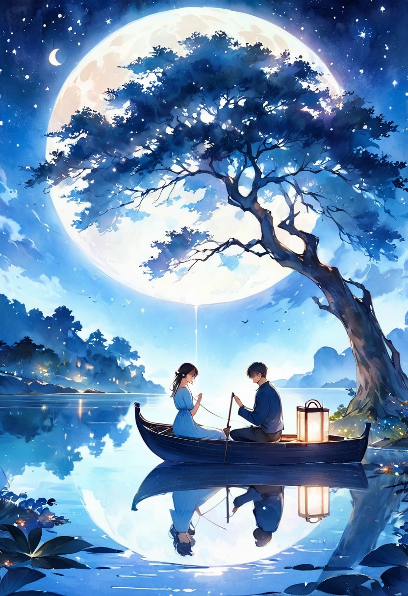 (best quality, high resolution, watercolor, Create a peaceful night scene，, An island of tranquility, Reflecting Lake. There should be a leafy tree on the island, Position slightly off center. The branches should be slightly bent, Some leaves gently fall, adding to the serene ambiance.under the tree, depict a Romantic moment between a couple. Men should kneel down, Take out a ring or small object, Like a marriage proposal. Women should stand before him, Lean forward slightly, May accept the offer. Their figures should be outlines, Contrast with bright background.The night sky should be clear，Full of twinkling stars. Large scale, A bright full moon will dominate the scene, positioned behind Couple and the tree, Casting Soft, A blue light hangs over everything. Moonlight should create long-lasting, Soft reflections of trees, Couple, And islands on the water.Right side of the island, Includes a small wooden rowing boat, Floating on calm waters. The boat should also have an outline, There is a slight reflection on the water.The overall color tone should be mainly dark blue and black, The moon brings soft, The ethereal light that illuminates the entire scene. The atmosphere should be calm, Romantic, A bit mysterious, Focus on the stillness and intimacy of the present moment