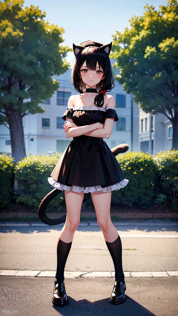 1girl, black hair, cat ears, cat tail, light brown beret, frilly strapless beige top, brown skirt, white knee socks, brown shoe, small silver necklace, red fingernails, in a park, looking away, crossed arms, masterpiece, high resolution, high quality, Ray tracing, hdr, volumetric lighting, highres, very aesthetic