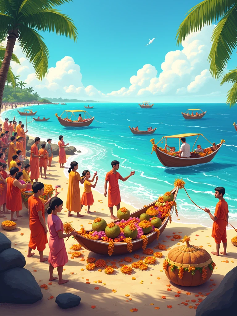 Create a vibrant, festive scene celebrating Narali Purnima, featuring traditional elements like decorated coconuts, fishermen performing rituals by the sea, and colorful boats adorned with flowers. Include serene ocean waves, a clear sky, and a sense of cultural harmony, with people dressed in traditional Maharashtrian attire. Capture the essence of gratitude to the sea with warm, bright colors and intricate details reflecting the coastal traditions of India