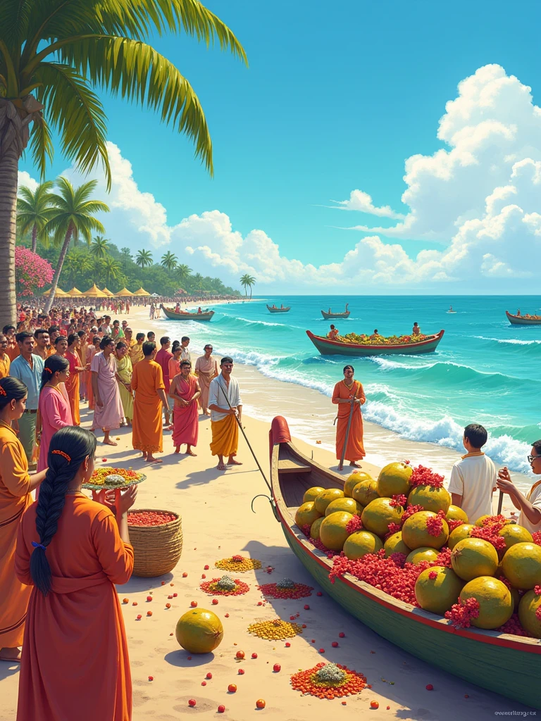 Create a vibrant, festive scene celebrating Narali Purnima, featuring traditional elements like decorated coconuts, fishermen performing rituals by the sea, and colorful boats adorned with flowers. Include serene ocean waves, a clear sky, and a sense of cultural harmony, with people dressed in traditional Maharashtrian attire. Capture the essence of gratitude to the sea with warm, bright colors and intricate details reflecting the coastal traditions of India