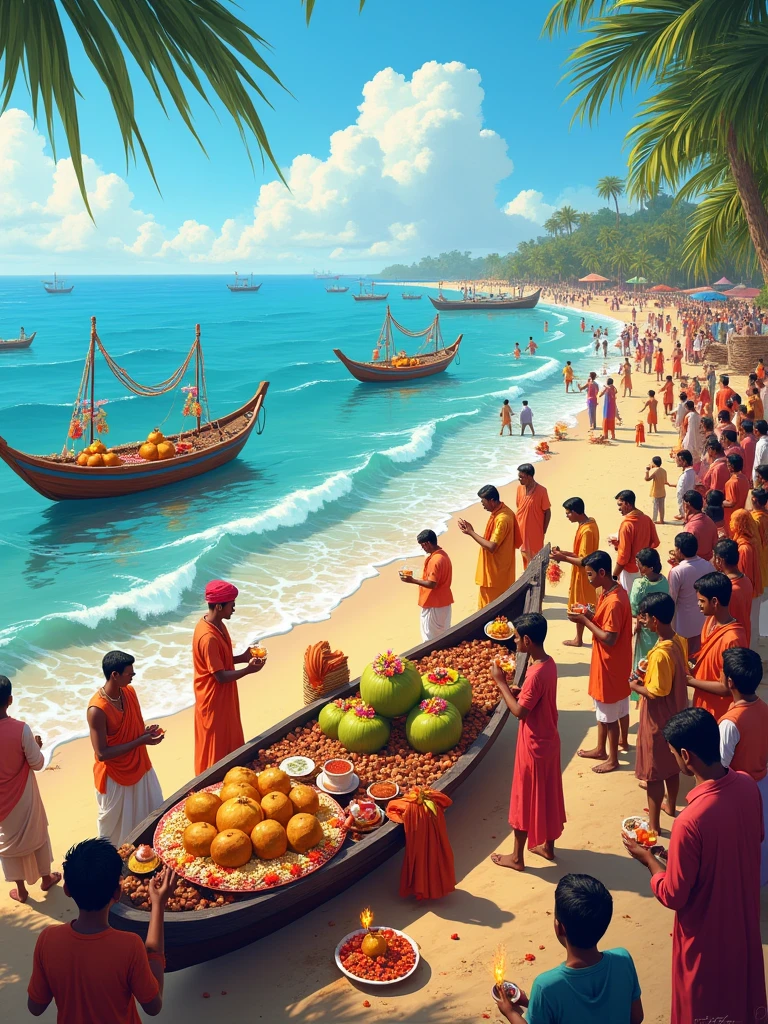 Create a vibrant, festive scene celebrating Narali Purnima, featuring traditional elements like decorated coconuts, fishermen performing rituals by the sea, and colorful boats adorned with flowers. Include serene ocean waves, a clear sky, and a sense of cultural harmony, with people dressed in traditional Maharashtrian attire. Capture the essence of gratitude to the sea with warm, bright colors and intricate details reflecting the coastal traditions of India