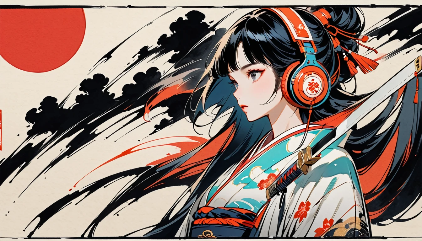 Ink Painting, (((独奏))), (((from front))), (((Japanese sword))), (((Flashy kimono))), Japanese style headphones, beautiful girl, Black Hair, Delicate and precise, Modern ukiyo-e style, vivid color
