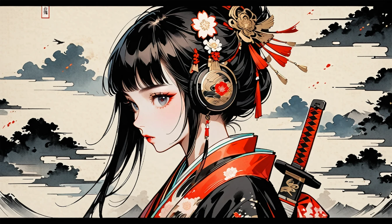 Ink Painting, (((独奏))), (((from front))), (((Japanese sword))), (((Flashy kimono))), Japanese style headphones, beautiful girl, Black Hair, Delicate and precise, Modern ukiyo-e style, vivid color