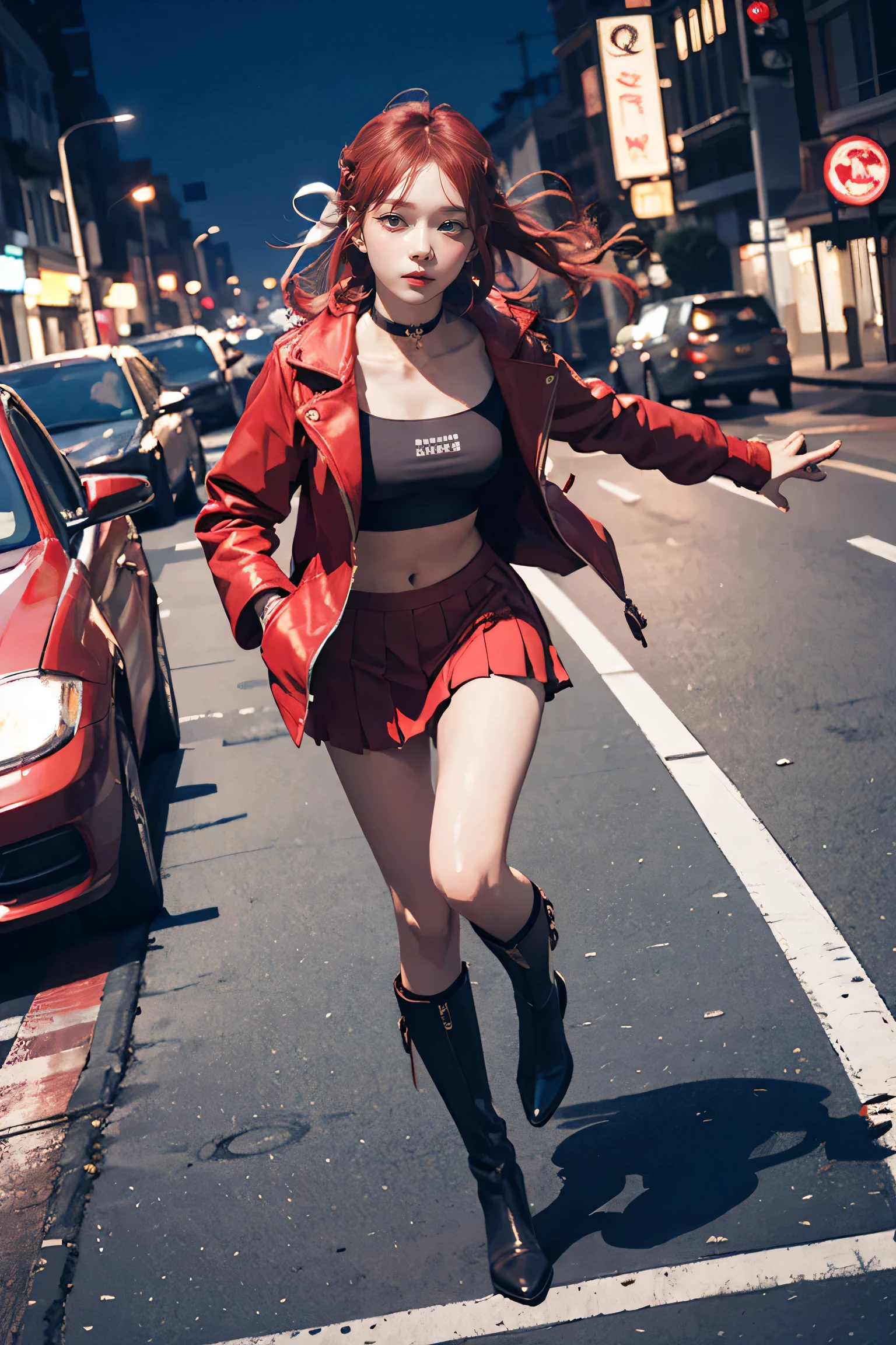 masterpiece, Highest quality, Red knee socks, Red jacket, Pleated skirt, Red Skirt, Long sleeve, choker, Red Shirt, Open jacket, White ribbon, Open clothes, High heel boots, Asphalt road, running, Traces of Gaze, Night Sky, neon, From above,,
