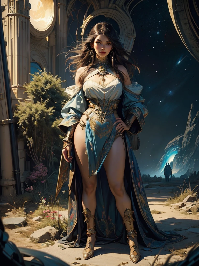 Portrait of a young huge beautiful girl, standing at the edge of the universe, worthwhile gitl:1.2, (low contrast ), colorfantasystyle, 3d, expanse sci-fi space landscape Ceres colony, difficult, very detailed, digital painting, Lots of colors, smooth, Sharp Focus, illustration, unreal engine 5, 8 K, art by Artgerm and Greg Rutkowski and Alphonse Mucha , art to the middle of the road