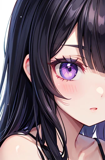 Create a stunning fashion portrait of an anime girl with long black hair and captivating purple eyes. Give her a cute and moe art style, Smooth CG art and gape moe yandere elements. Inspired by Hinata Hyuga, Look at her beautiful face. She creates artwork that combines realistic anime with high school girl aesthetics.. Zoom in for a close-up shot, Capturing the Essence of Reon Iwakura. --16 pieces:9-5th.2,Large Breasts