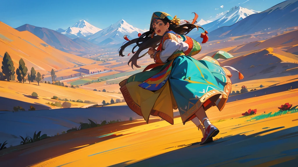 A colorful Andean folk scene featuring traditional dancers in vibrant, embroidered costumes. The background showcases the majestic Andes mountains with clear blue skies. Dancers wear intricate headpieces and perform lively traditional dances. The atmosphere is festive, with a focus on cultural heritage and community.
