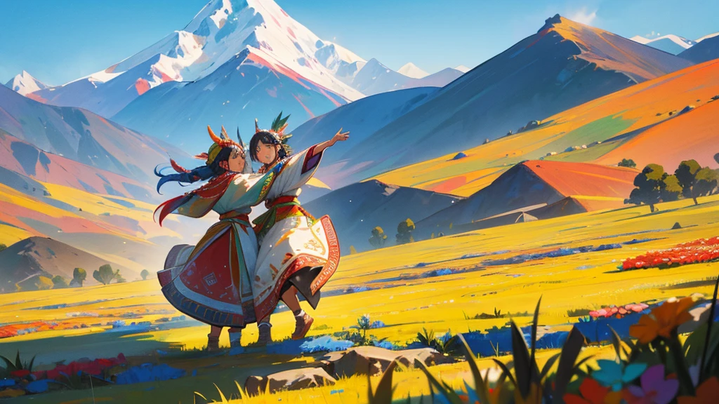 A colorful Andean folk scene featuring traditional dancers in vibrant, embroidered costumes. The background showcases the majestic Andes mountains with clear blue skies. Dancers wear intricate headpieces and perform lively traditional dances. The atmosphere is festive, with a focus on cultural heritage and community.