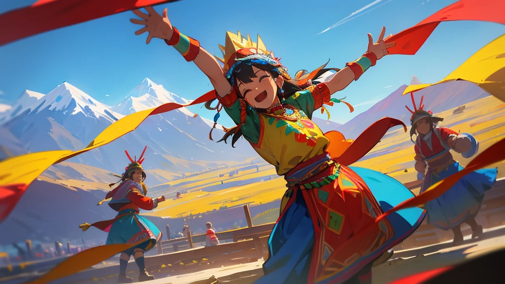 A colorful Andean folk scene featuring traditional dancers in vibrant, embroidered costumes. The background showcases the majestic Andes mountains with clear blue skies. Dancers wear intricate headpieces and perform lively traditional dances. The atmosphere is festive, with a focus on cultural heritage and community.