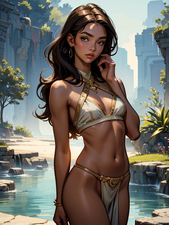 1 teen girl, (Tweened model, 14 years old, Young)), EtherealBeauty, Slim,Firm , Soft light,  a young gir,  in focus, wearing loincloth ragged clothing, detailed face, beautiful detailed eyes, beautiful detailed lips, extremely detailed eyes and face, long eye lashes, slim body, , brown , natural lighting, serene landscape, warm color tones, photorealistic, 8k, highly detailed, masterpiece