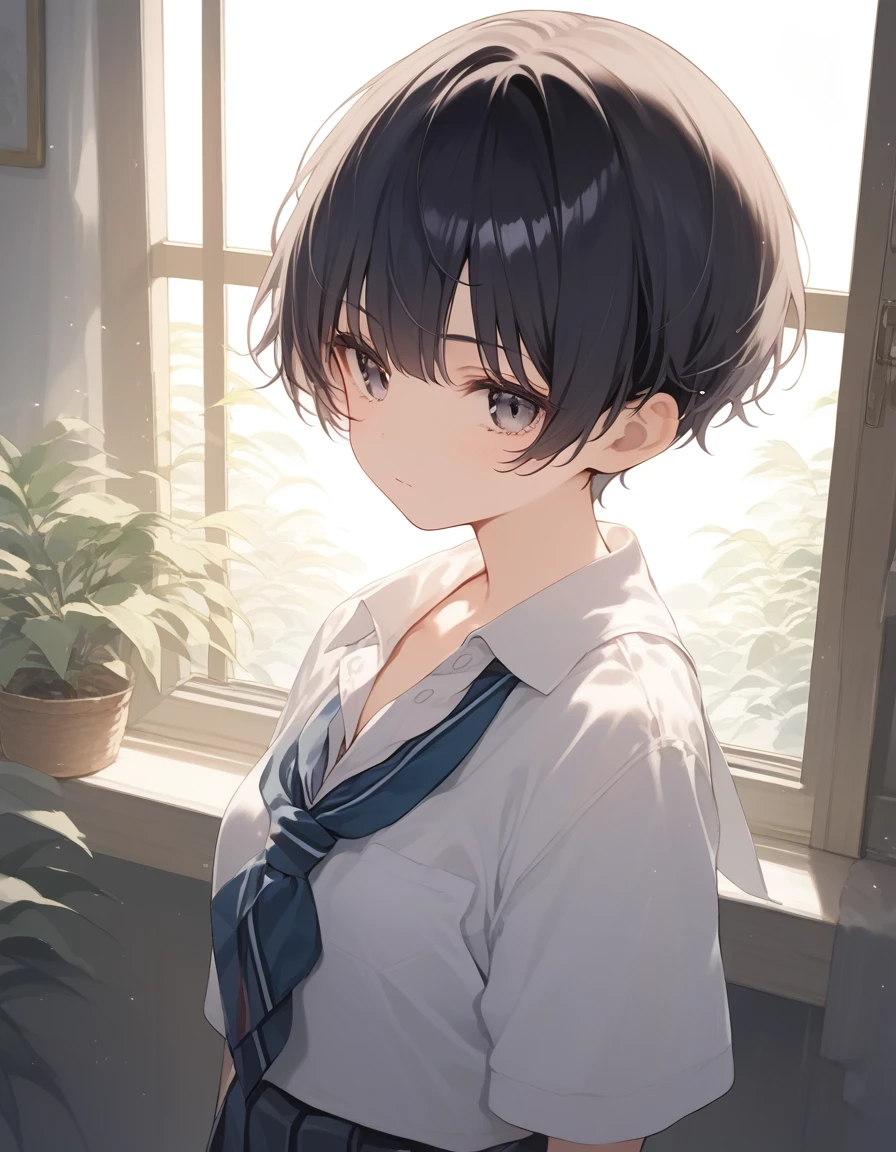 score_9, score_8_up, score_7_up, source_anime, best quality, masterpiece, official art, absurdres, highres, ultra-detailed,waifu2x,JAV Cover,break,1girl, tomboy, idol girl, school uniform, very short hair, pixie cut, small breasts, slender, beautiful detailed eyes,  expressionless, sleepily, sexual pose,  indoors, break,(clear line illustration:1.2), super detailed skin,very high resolution, very aesthetic, Best sexual lighting powered by famous artist, 8k,cute picture, beauty illustration,photoshop_(medium),,(Detailed Lighting),best anime 8k konachan wallpaper, pixiv contest winner, 