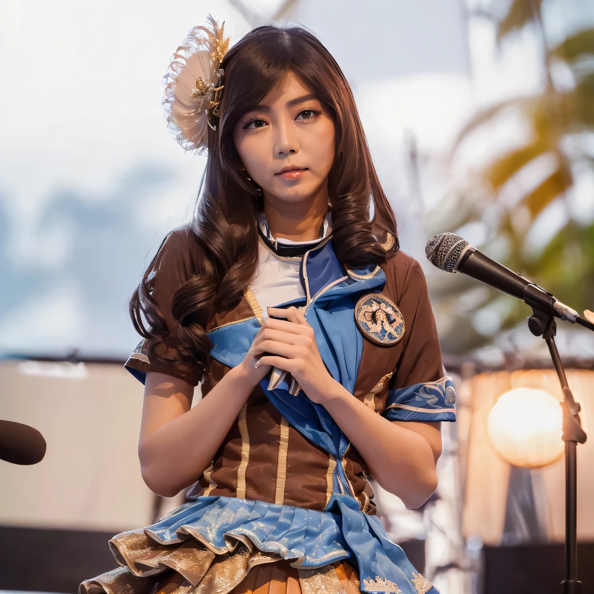 a 22 year old Indonesian woman, (Jessica Veranda JKT48:1.5), (wearing a typical Japanese brown and blue school uniform, short skirt:1.2), holding a microphone, (faint smile:0.4), outdoor stage, background view of the sea and coconut trees, ultra-detailed, 8k, photorealistic, masterpiece, intricate details, cinematic lighting, warm color tones
