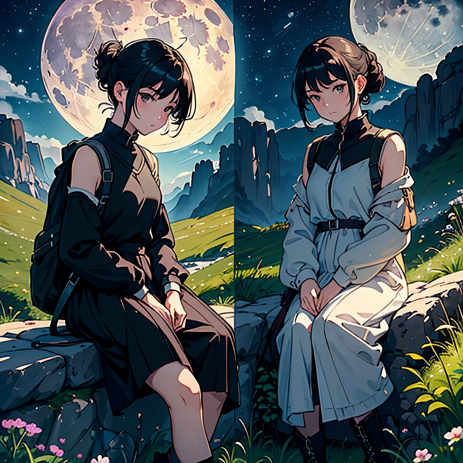 (Highest品質、High resolution、masterpiece)、(Anime Art 4k)、(Realistic)、((Two Women))、20-year-old、((Facing each other))、 (Facial details)、Black Hair、 short hair、 (Put your hair up、Combing your hair)、Slim figure、Small breasts、Preparing for the trip、blouse、Highest、Jacket、Long trousers、Shorts、Trekking shoes、boots、Drape the shoulder bag over your shoulder、Small rucksack、binoculars、Cinema Lighting、Ray Tracing、(Full moon in the night sky:1.2)、Welsh landscape、Create a magical scene in a misty meadow on a calm morning、Draw delicate and blurry brushwork、place々Flowers Bloom、(Sargent-style watercolor)、(Edmund Leighton Style)、