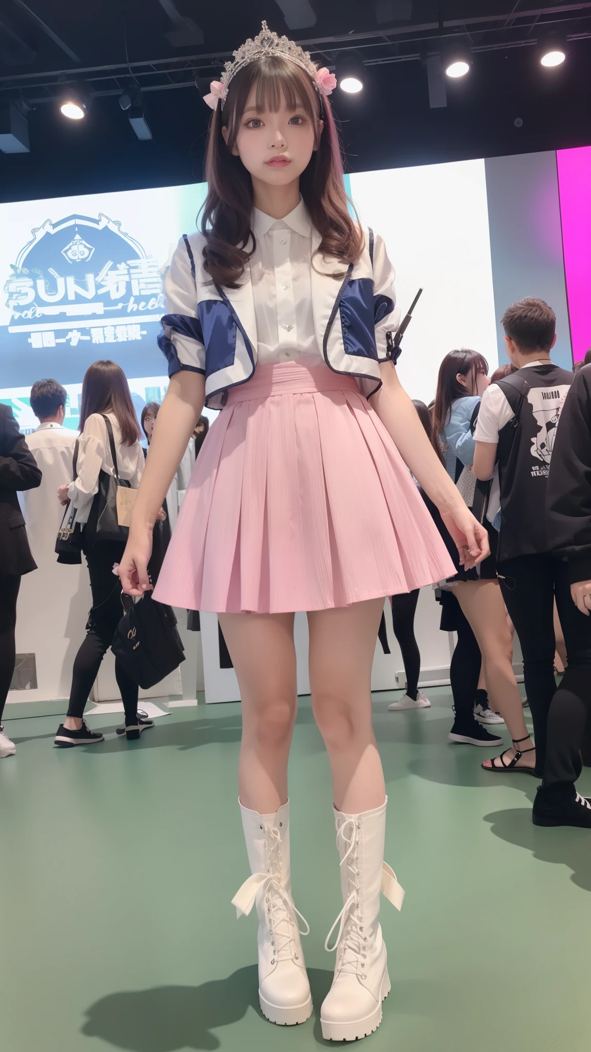 Costume like a idol, blue and white half sleeve Jacket, pink satin ruffled blouse, White and pink stripe pleated skirt, white lace up boots