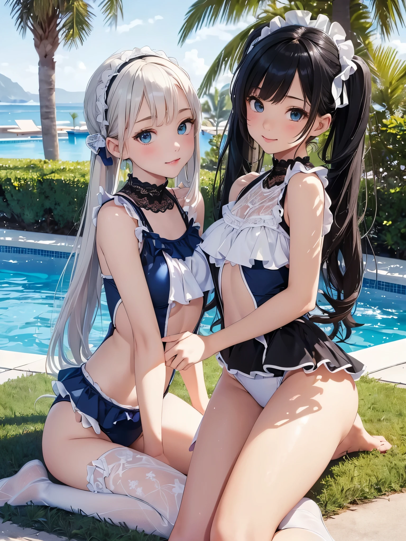 ((masterpiece)), ((highest quality、Ultra high definition)), (Very detailed),8k、Photo quality、((Amazingly cute girl)),-yeld gi), Two people, , (Beautiful emerald blue eyes), ((smile、Small breasts)),In the open-air bath overlooking the sea, Beautifully arranged black hair in twin tails、Slim Body、(((Cute swimsuit with lace and frills)))、Professional Lighting、(White lace knee-highore detailed and beautiful)、(More details and cutenesore realistic)、((Just wear light clothing))、Frolic in the pool、((unbelievably cute))、((A cute pose))、((４人))、