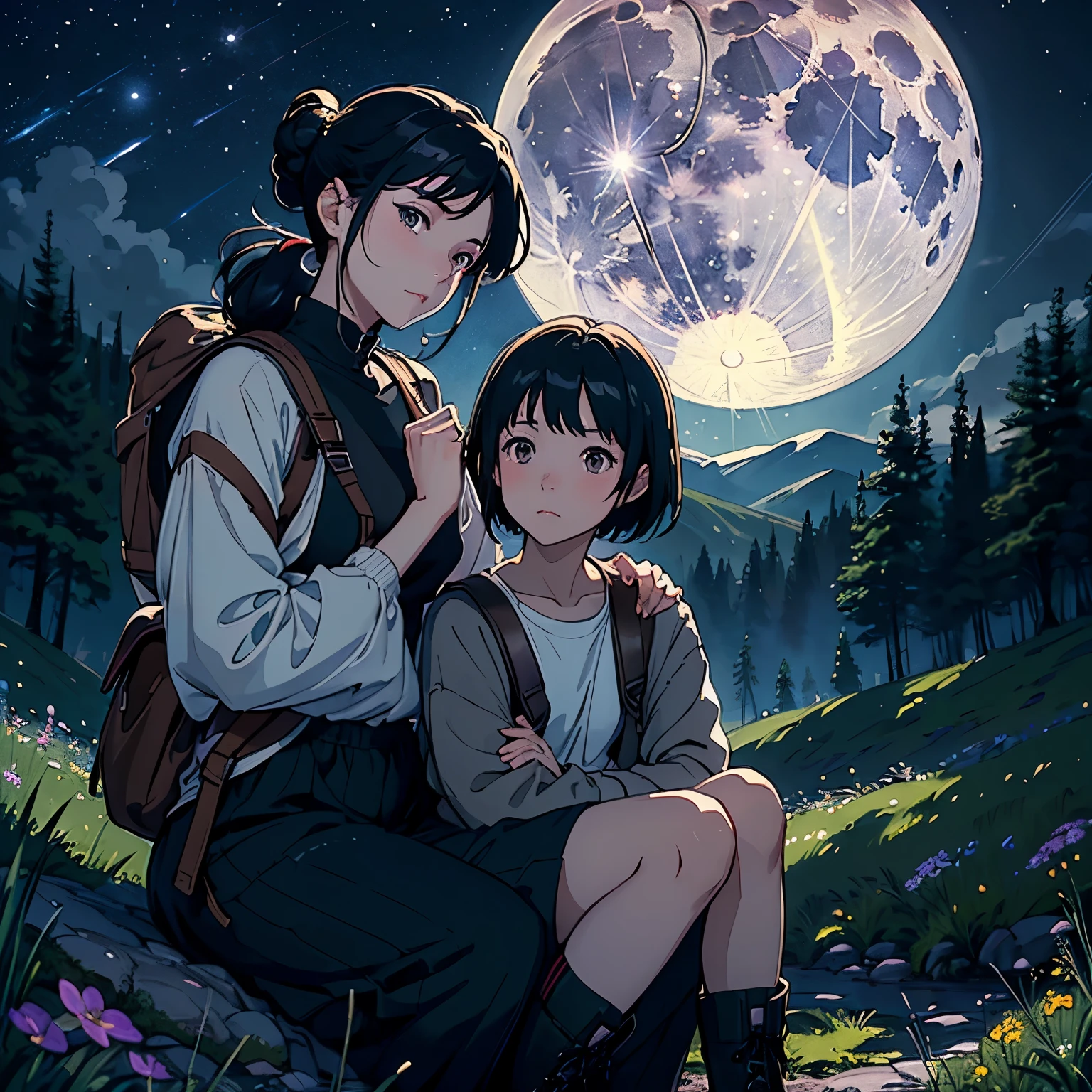 (Highest品質、High resolution、masterpiece)、(Anime Art 4k)、(Realistic)、((Two Women))、20-year-old、((Facing each other))、 (Facial details)、Black Hair、 short hair、 (Put your hair up、Combing your hair)、Slim figure、Small breasts、Preparing for the trip、blouse、Highest、Jacket、Long trousers、Shorts、Trekking shoes、boots、Drape the shoulder bag over your shoulder、Small rucksack、binoculars、Cinema Lighting、Ray Tracing、(Full moon in the night sky:1.2)、Welsh landscape、Create a magical scene in a misty meadow on a calm morning、Draw delicate and blurry brushwork、place々Flowers Bloom、(Sargent-style watercolor)、(Edmund Leighton Style)、