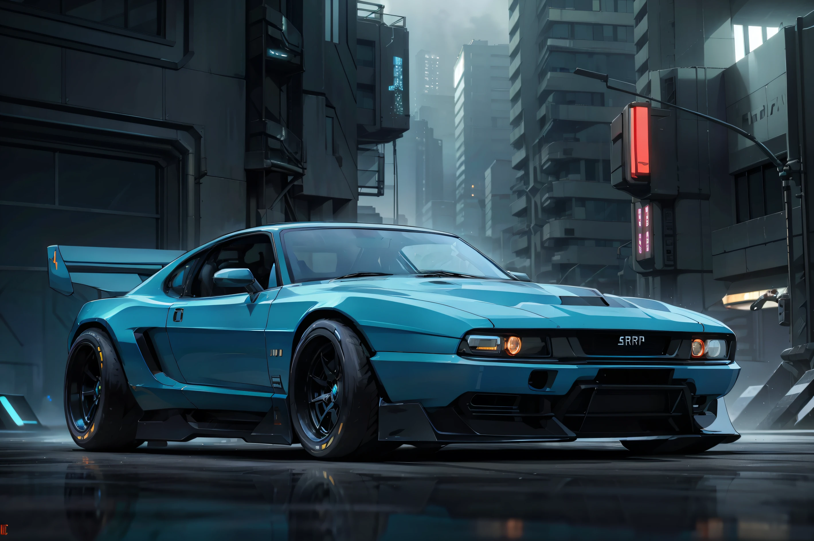 Highres, Masterpiece, best quality, supra car, Front view of ((futuristic cyberpunk hotrod zeekars)), (With glowing tires), neon glow , Cyberpunk muscle car, lighting storm in the background, Black and ((dark blue)), in cyberpunk city, ((badass)), only one car, 1car, Uhd