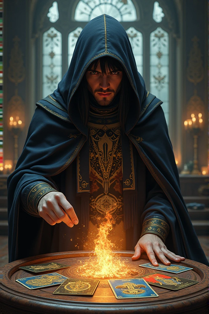 Onmyoji，Beautiful Tarot card reader in a cape，table，Card Deployment，Tarot cards levitation，Finger taps an array of tarot 卡片s in the air，Mystical symbols and elements，Ancient mysterious atmosphere，Realistic illustrations，Meticulous attention to detail，A composition full of vitality and energy，Dark Style，Gothic style