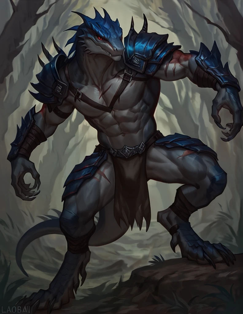Light gray skink lizard warrior,comic book style, illustration, solo, ferocious, male, [[hunter pose]], masterpiece, best art, armor, full body, digitigrade, by laobai, forest background, abs, loincloth, red fins, blue tail, lizard, scales on body, light gray body, masculine body, scars on body, buff, scales