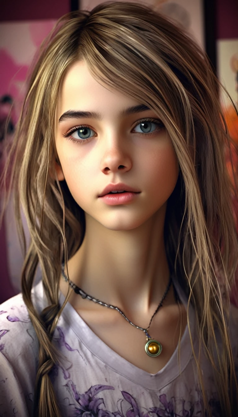 13 year old girl in her bedroom, with big toys ,skinny, slim, strange, Gentle, hair decoration , very detailed realistic texture, digital painting, very detailed photo