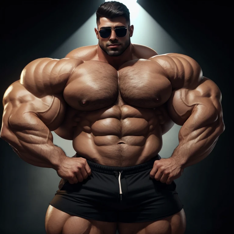 a very handsome, massively large, shirtless young man wearing black shorts, mid fade haircut, sunglasses, massively muscular, massively large muscles, massively large biceps, massively large arms, massively large shoulders, massively large chest, massively large and massively muscular body, massively large bulge, massively large bump, on a black background