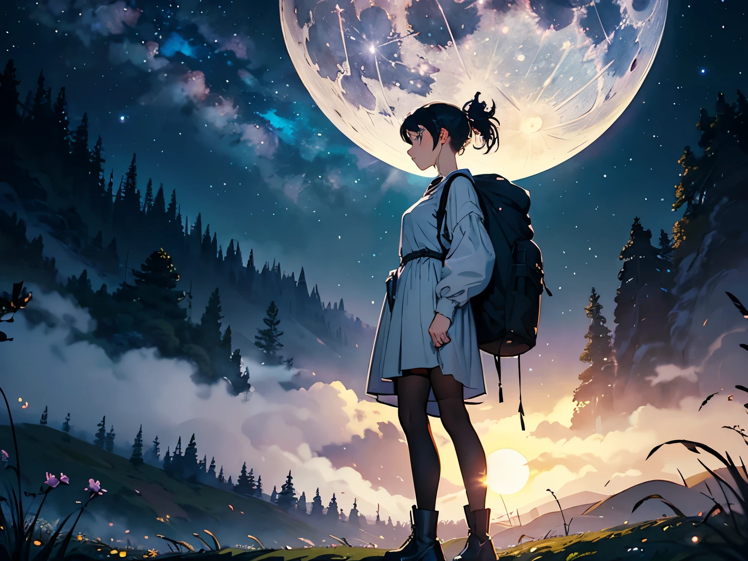 (Highest品質、High resolution、masterpiece)、(Anime Art 4k)、(Realistic)、((Two Women))、20-year-old、((Facing each other))、 (Facial details)、Black Hair、 short hair、 (Put your hair up、Combing your hair)、Slim figure、Small breasts、Preparing for the trip、blouse、Highest、Jacket、Long trousers、Shorts、Trekking shoes、boots、Drape the shoulder bag over your shoulder、Small rucksack、binoculars、Cinema Lighting、Ray Tracing、(Full moon in the night sky:1.2)、Welsh landscape、Create a magical scene in a misty meadow on a calm morning、Draw delicate and blurry brushwork、place々Flowers Bloom、(Sargent-style watercolor)、(Edmund Leighton Style)、