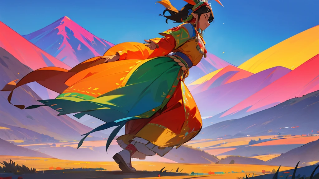 A colorful Andean folk scene featuring traditional dancers in vibrant, embroidered costumes. The background showcases the majestic Andes mountains with clear blue skies. Dancers wear intricate headpieces and perform lively traditional dances. The atmosphere is festive, with a focus on cultural heritage and community.