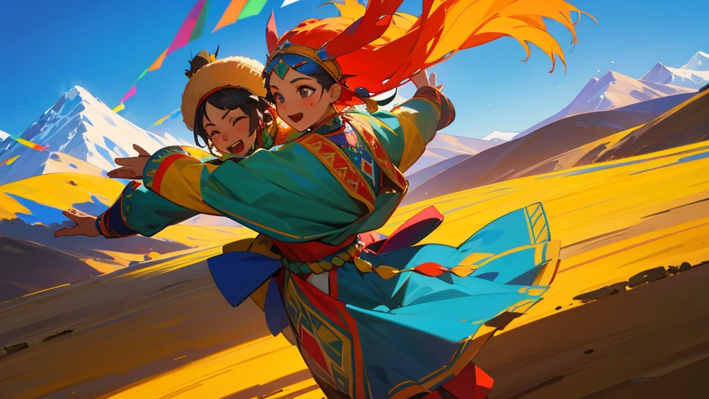 A colorful Andean folk scene featuring traditional dancers in vibrant, embroidered costumes. The background showcases the majestic Andes mountains with clear blue skies. Dancers wear intricate headpieces and perform lively traditional dances. The atmosphere is festive, with a focus on cultural heritage and community.